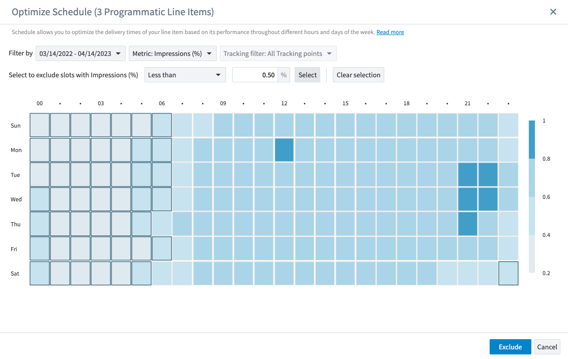 Optimize Schedule side panel displaying selected time slots to be excluded using the exclusion rule.