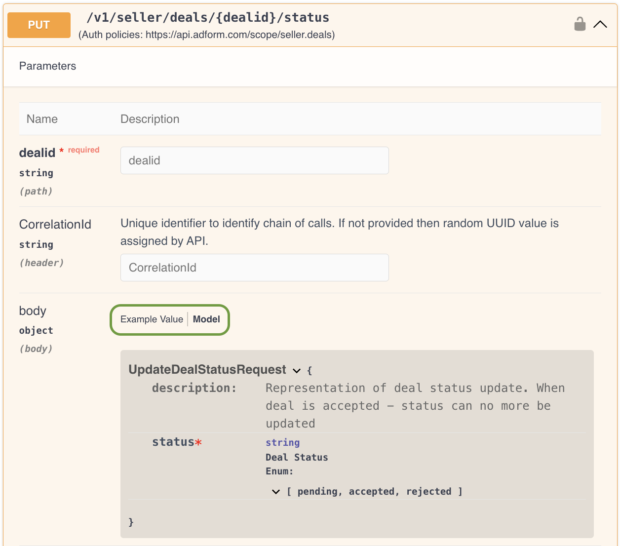 model and example value fields